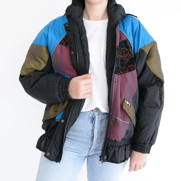 Vintage 90's ISPO Blue & Black Patchwork Funky Puffer Zip Up Winter Jacket S - Picture 2 of 15